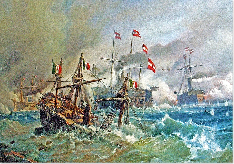  Ein Gemlde von Carl Frederik Srensen (1818-1879) stellt eine Szene der Seeschlacht bei Lissa dar: Die RN RE DITALIA sinkt, nachdem sie von Tegetthoffs Flaggschiff,
der SMS FERDINAND MAX gerammt worden war