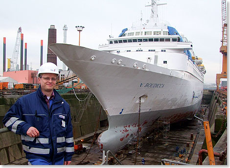 Die BOUDICCA wird im schiffbautechnischen Bereich von dem Team des Schiffbauingenieurs Carl Rathjen (im Bild)der Lloyd Werft berholt.