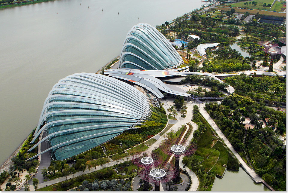 Wie zwei gigantische Muscheln liegen sie in den Botanischen Grten an der Bucht von Singapore, der Flower Dome und der Cloud Forest.

