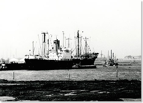 Die RIEDERSTEIN des Norddeutschen Lloyd (NDL) am 5. Februar 1964 im Neustdter Hafen im Bremen.