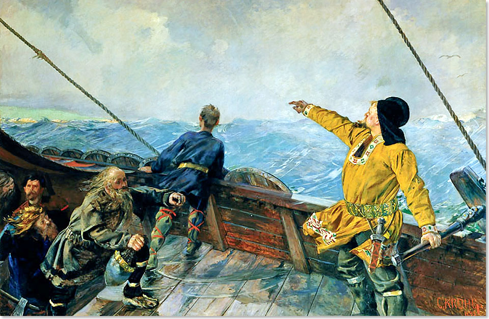 Leif Erikson entdeckt Amerika  vermutlich landete er an der Nordspitze der Insel Neufundland  so sah es der norwegische Maler Christian Krohg (1852-1925).