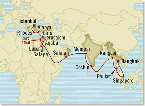 Die Route Ihrer Reise Odessee durch den Fernen und nahen Osten