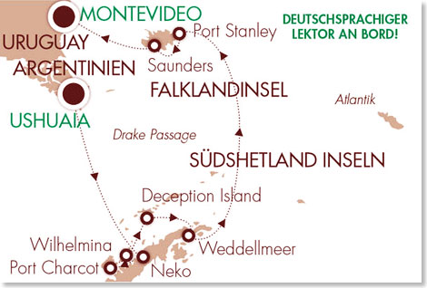 Die Route Ihrer Reise Antarktis, die Falklan Inseln und Montevideo.