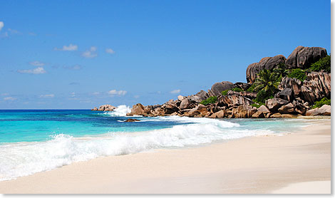 Felsenreiche Traumbucht Grand Anse im Sdosten der Seychellen-Insel La Digue.