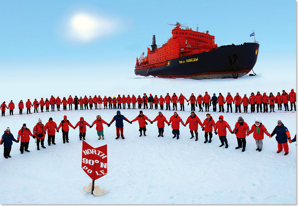Die Passagiere der 50 YEARS OF VICTORY bilden am Nordpol einen eigenen Breitengrad, den nrdlichsten der Erde.