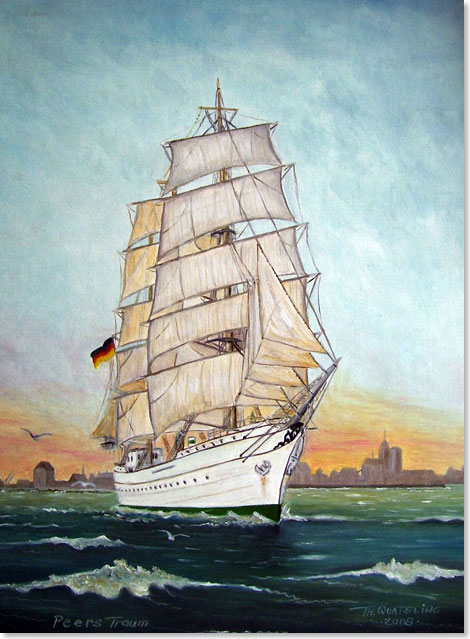 Die GORCH FOCK I vor Stralsund  gemalt von dem Stralsunder Marinemaler Thomas Quatsling.