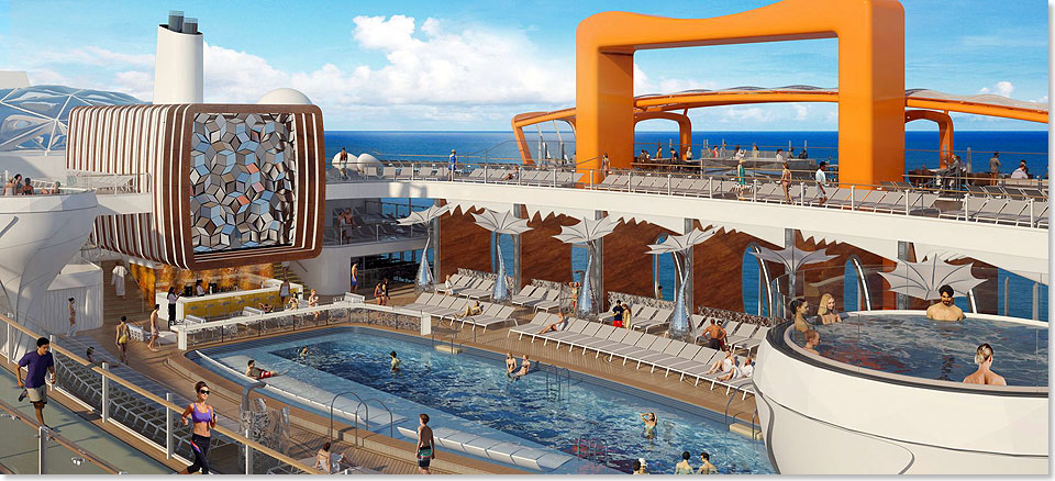 18108 CELEBRITY EDGE pool deck mit dem Magic Carpet im Hintergrund Rendering Celebrity Cruises