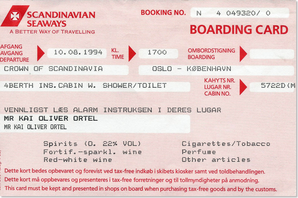 19518 11 Crown of Scandinavia Boarding Card 1994 Kai Ortel