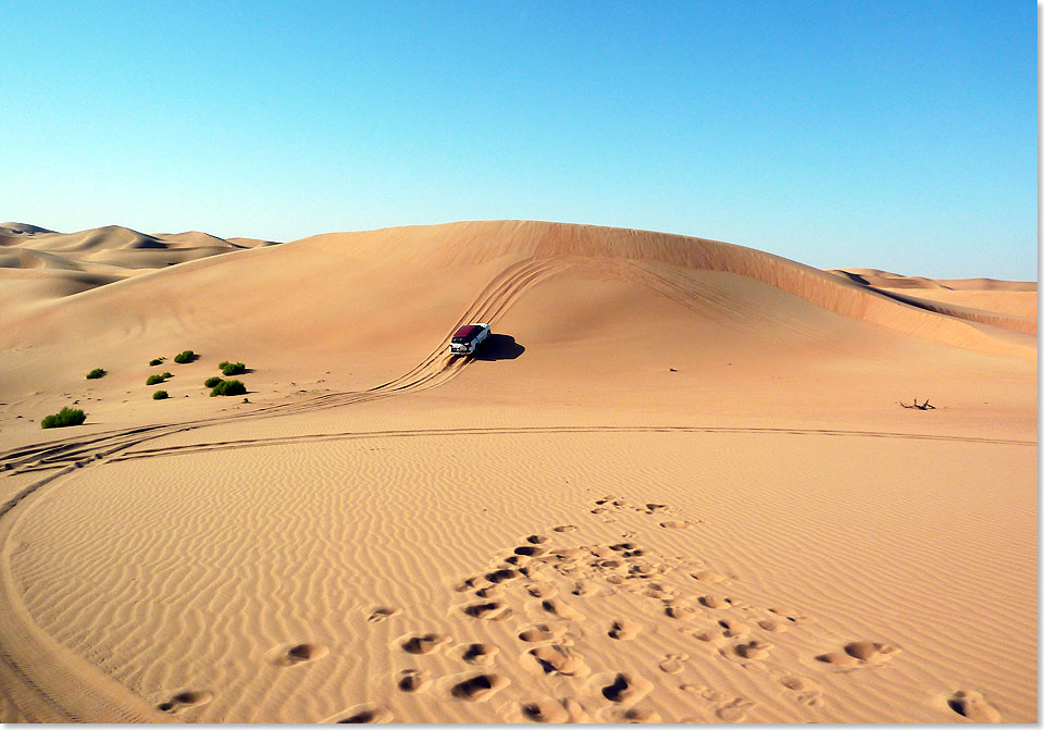 „Dune bashing” nennt sich das Abenteuer, mit Jeeps Dünen hinauf zu jagen und ihre Abhänge in schwindelerregenden Kurven hinabzurasen.