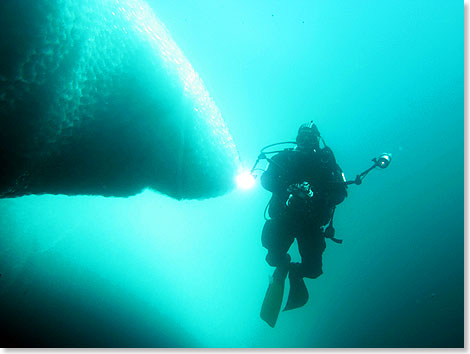 Taucher schwimmen am imposanten Unterwasserteil eines Eisbergs entlang