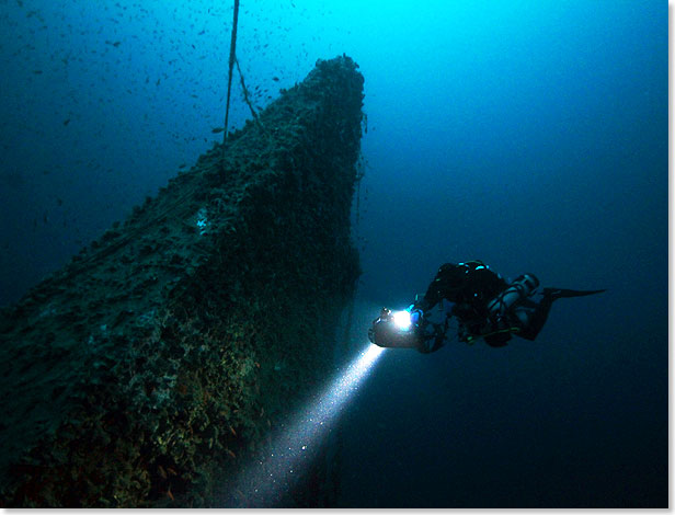 Ein Taucher am Bug von U455, das in 95 Metern aus der Tiefe emporragt.