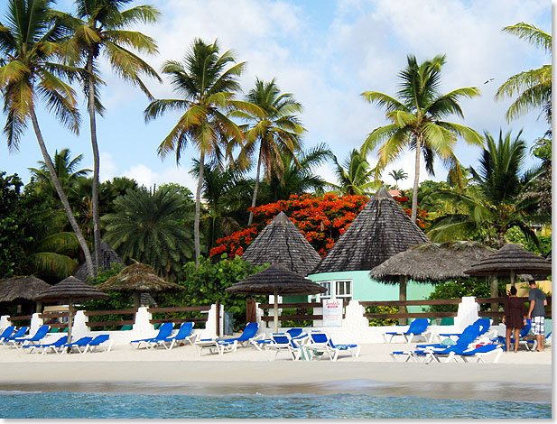 Mitten im Palmenhain und zugleich direkt am Strand: die runden Beachvillen des Sandals Grande.