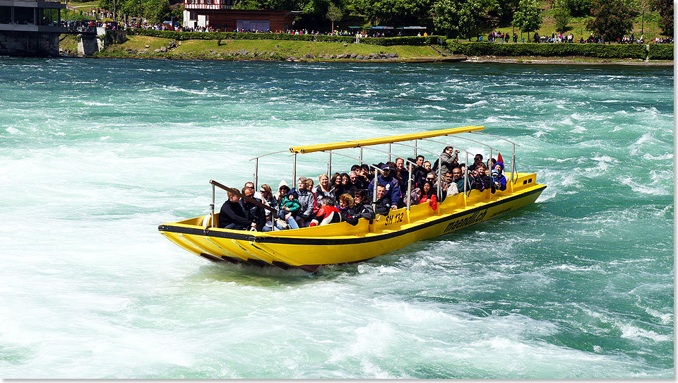 Zum ganzheitlichen Erleben des Rheinfalles gehrt auch, dass die Gischt ins Boot hineinspritzt.