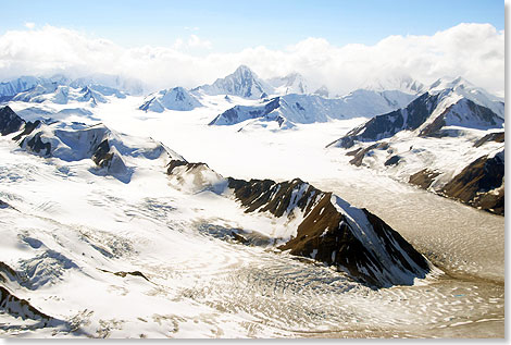 ber ein weitverzweigtes Flusssystem versorgt der Kaskawulsh-Gletscher sowohl das Beringmeer im Norden ...