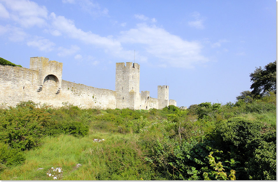  Die Stadtmauer von Visby wurde ab Mitte des 13. Jahrhunderts zum Schutz der mittelalterlichen Handelsstadt erbaut. Der Bau mit drei Stadttoren und Hafenpforten dauerte rund 100 Jahre. Ursprnglich sechs Meter hoch und turmlos, wurde das Bauwerk spter um 44 Wehrtrme ergnzt und auf elf bis zwlf Meter erhht.
