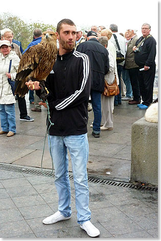 Zarenadler an der Leine? Der Adler des Zarenwappens hatte zwei Kpfe. Wer am Ende der Treppe in Odessa diesen Vogel fliegen sehen will, muss dafr zahlen  in heute gngiger Whrung. Junge Mnner betreuen die Tiere, doch nicht zu jedermanns Freude.