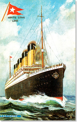  Ein Reedereiplakat der White Star Line zeigt die
TITANIC in voller Fahrt. Die Abkürzung TSS steht für
„Turbine Steam Ship