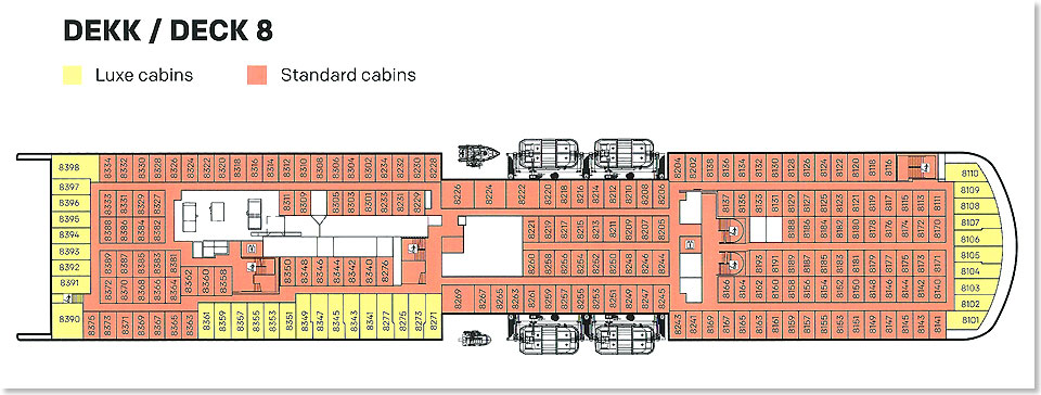 Ein Deck tiefer sind die Luxus-Kabinen und weitere Standard-Kabinen.
