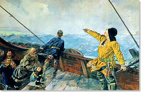 Foto: Unbekannt für GFDL/GNU-Lizens für freie Dokumentation Leif Erikson entdeckt Amerika – vermutlich landete er an der Nordspitze der Insel Neufundland – so sah es der norwegische Maler Christian Krohg (1852-1925).