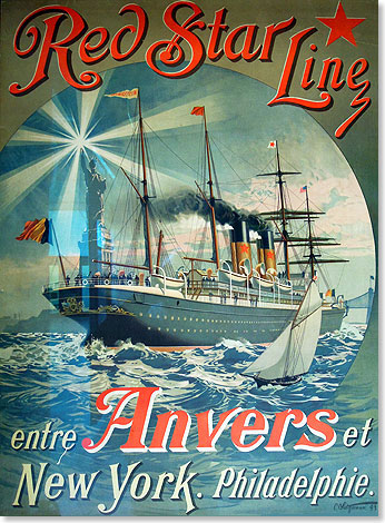 Foto: Red Star Line Museum, Antwerpen Ein Plaket der Red Star Line aus dem Jahr 1893 wirbt für die Überfahrt in die Neue Welt.