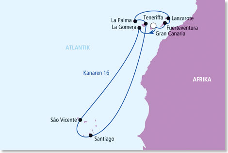 Die Routenkarte der AIDAvita-Reise Kanaren 16.