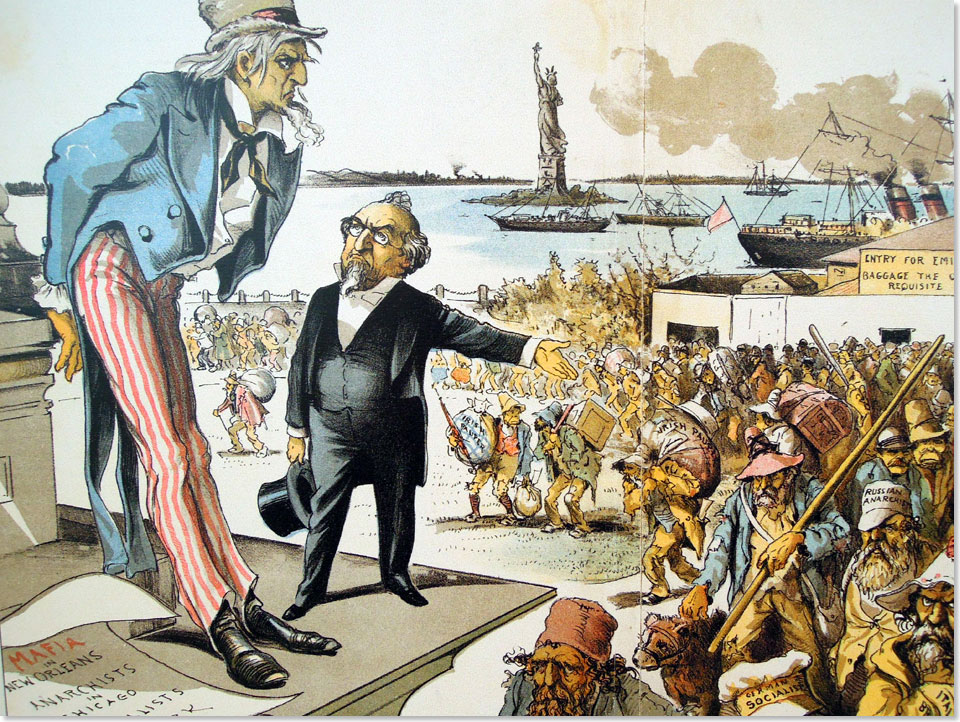 So sah ein amerikanischer Karikaturist Uncle Sam und die Einwanderer.