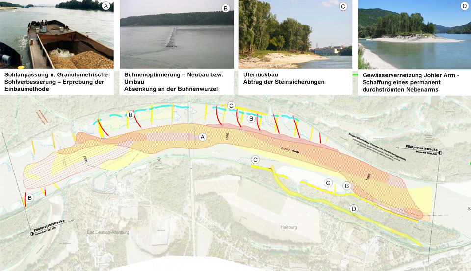 Plan und Fotos: viadonau Das Projektgebiet befindet sich rund 35 Kilometer östlich von Wien und erstreckt sich von Stromkilometer 1887,5 bis 1884,5.