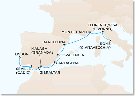 Die Route Ihrer Reise Iberian Tapestry mit der SEVEN SEAS MARINER.