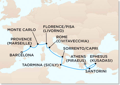Reise-Route  Mittelmeer  von Athen bis Barcelona mit SEVEN SEAS MARINER.