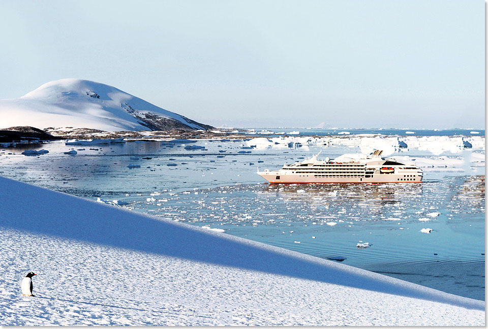 Foto: Compagnie du Ponant, Hamburg Die Fläche des Festlands der Antarktis ist nicht bekannt, da große Teile der dauerhaften Eisbedeckung am Rande aus Schelfeis bestehen, das Wasserflächen überdeckt.