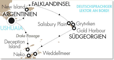 Karte: Compagnie du Ponant, Hamburg Die Route Ihrer Reise „Geheimnisvoller weißer Kontinent”.