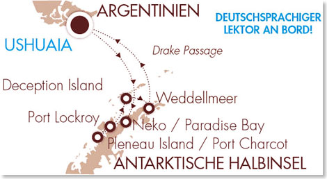 Foto: Compagnie du Ponant, Hamburg Die Route Ihrer Reise „Antarktis – weiß, weiß, unendliches Weiß”.