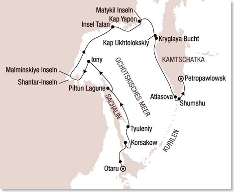 Die Route der HANSEATIC rund um das Ochotskische Meer im Mai/Juni 2014.