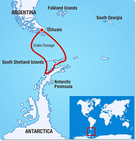 Die Route Ihrer Expeditions-Kreuzfahrt Klassische Antarktis.