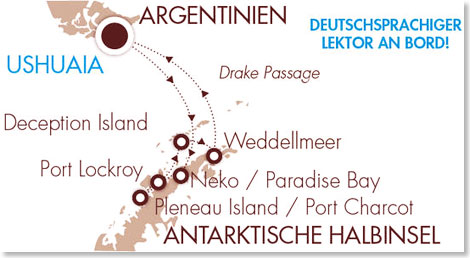 Die Route Ihrer Reise „Antarktis – weiß, weiß, unendliches Weiß”.