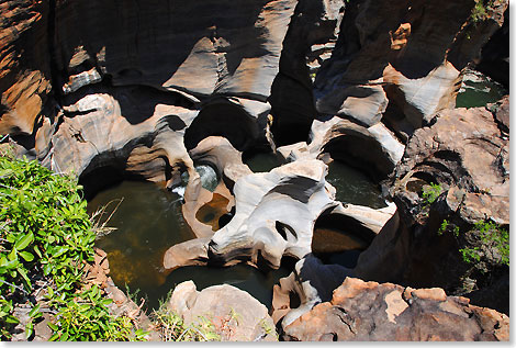 Um Bourkes Luck Potholes entstehen zu lassen, hmmerten, schliffen und bohrten im Laufe der Zeit groe Steine, von den starken Strudeln der Treur-Flle bewegt, tiefe Lcher und Rhren in den Fels.  