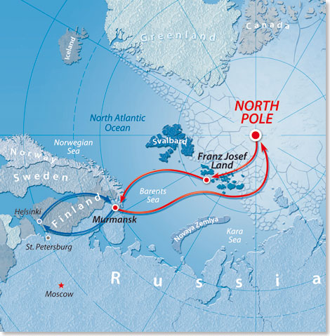 Die Route Ihrer Expeditions-Kreuzfahrt „Mit dem Atomeisbrecher zum Nordpol”.