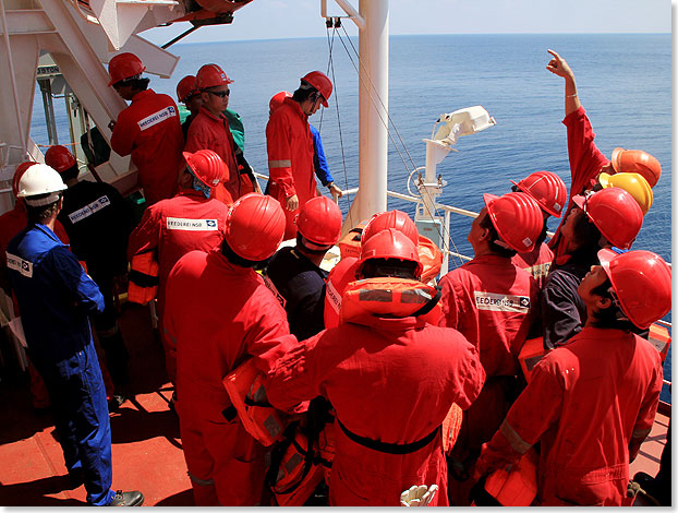 Bei einer Rettungsbung erklrt der Dritte Offizier das Rettungsboot. 