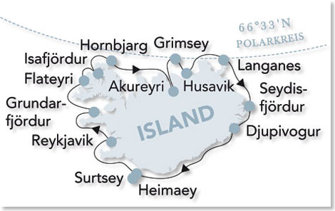 Die Route Ihrer Reise „Im Land von Feuer und Eis” rund um Island.  