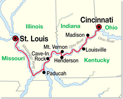 Die Route Ihrer Reise Ohio River  von St. Louis nach Cincinnati. 