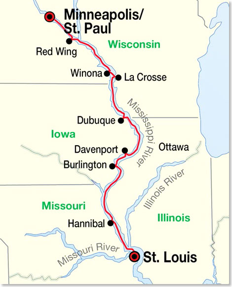 Die Route Ihrer Reise Upper Mississippi  von St. Louis nach St. Paul. 