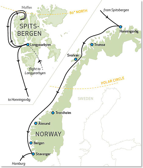 Die Route Ihrer Reise Expedition von Spitzbergen nach Hamburg. 