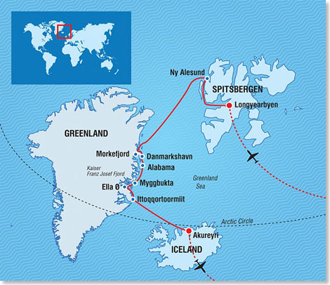 Routenkarte der SEA SPIRIT-Expedition vom 19. August bis 11. September 2015.