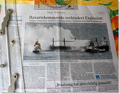 Tagelang in den Schlagzeilen der Zeitungen an der Kste, wie hier im Weser-Kurier: Die PURPLE BEACH brennt vor Helgoland.