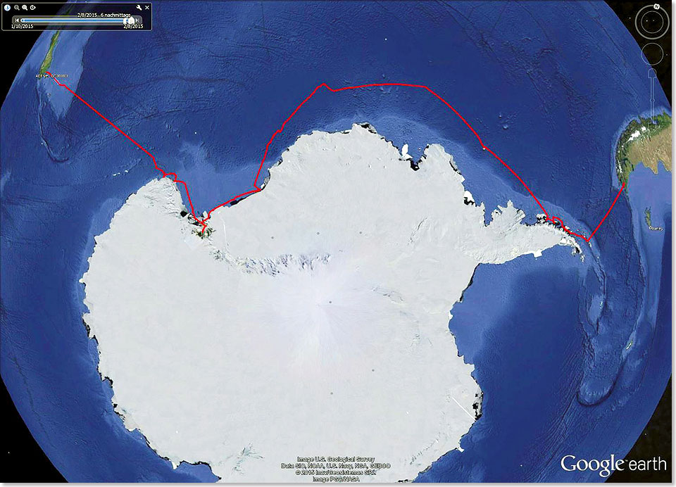 Das war die Reiseroute: Beginn in Ushuaia (rechts in Bild), Ende in Neuseeland (links oben).