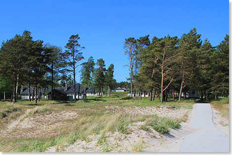 Blick von den Stranddnen auf die Ferienhuser von Sudersand Camping.