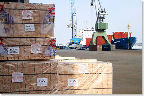 Schnittholzpakete vor dem Verladen im-Mlarhamnen von Vsters.