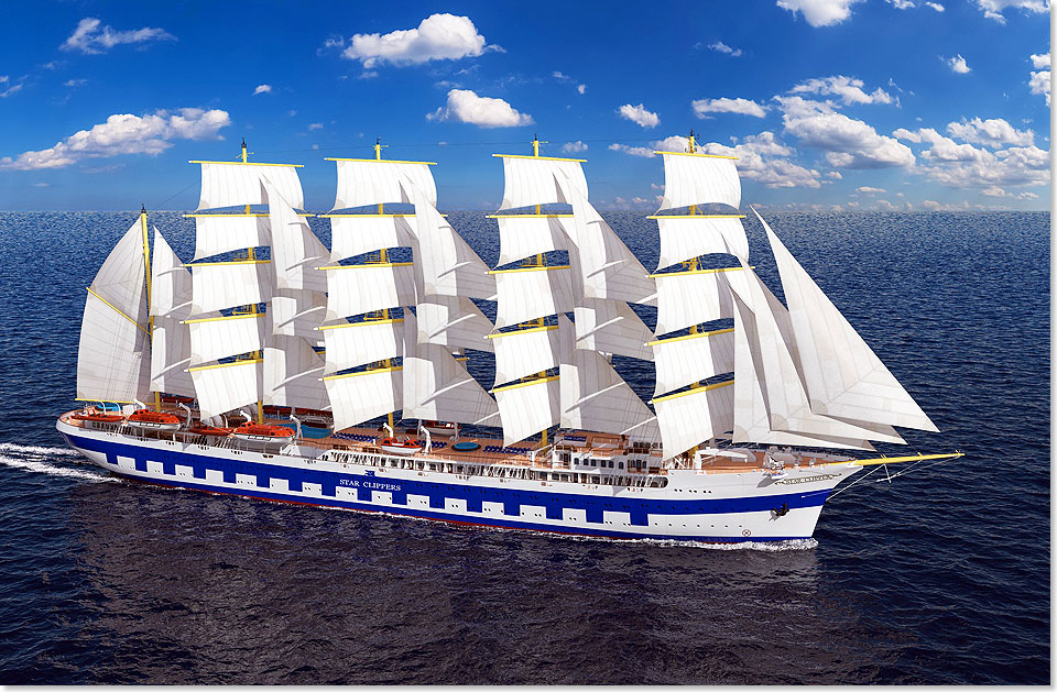 Ein Schiff wird kommen. Ab Ende 2017 legt fr die Reederei Star Clippers der Neubau Flying Clipper ab. 5 Masten und 35 Segel mit einer Gesamtsegelflche von 6.350 Quadratmetern sind die markanten Kennzeichen des spektakulren Neubaus, der nicht nur 300 Passagieren Platz bieten, sondern auch mit zahlreichen Attraktionen aufwarten wird  darunter ein Tauchpool ber drei Decks und eine Badeplattform am Heck.