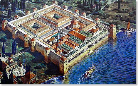 So sah er wohl aus, der Alterssitz des rmischen Kaisers Diokletian in Split, dem alten Spalato. Das Bild wurde nach Grundrissen und Beschreibungen angefertigt. Man konnte den Palast von See her anlaufen, doch der Haupteingang war das Nordtor, die Porta Aurea, auf der Landseite. 