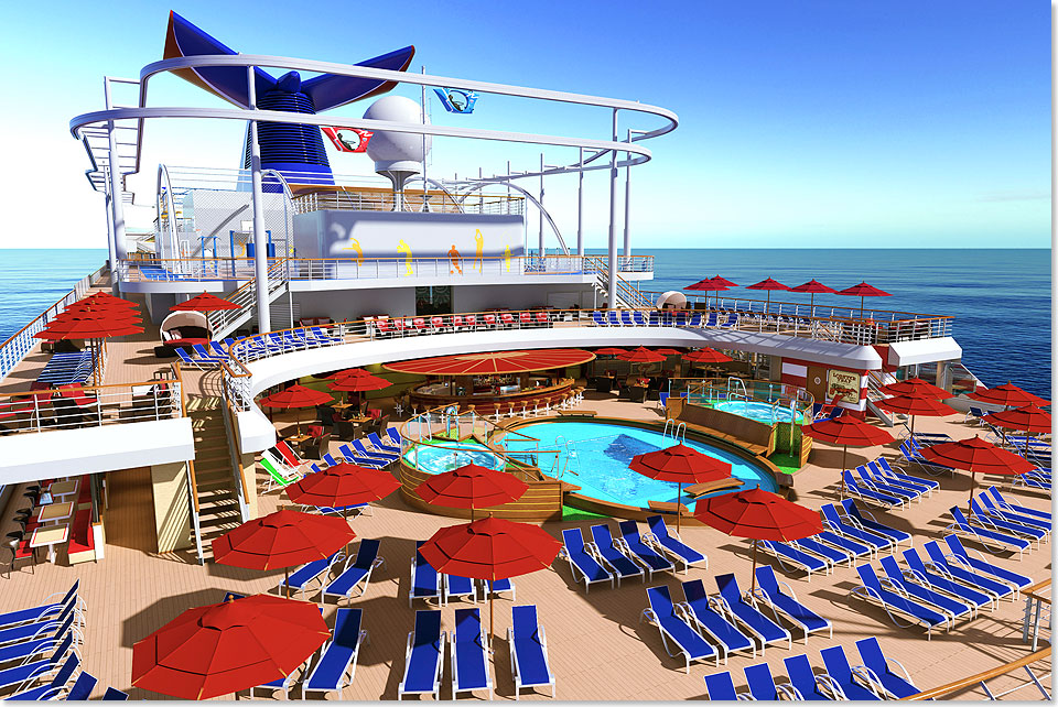 Der Poolbereich auf der CARNIVAL VISTA   im Hintergrund die SkyRide-Attraktion. 